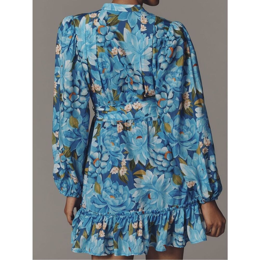 NWT Farm Rio x Anthropologie Blue Floral Belted Mini Dress size S - Picture 2 of 11